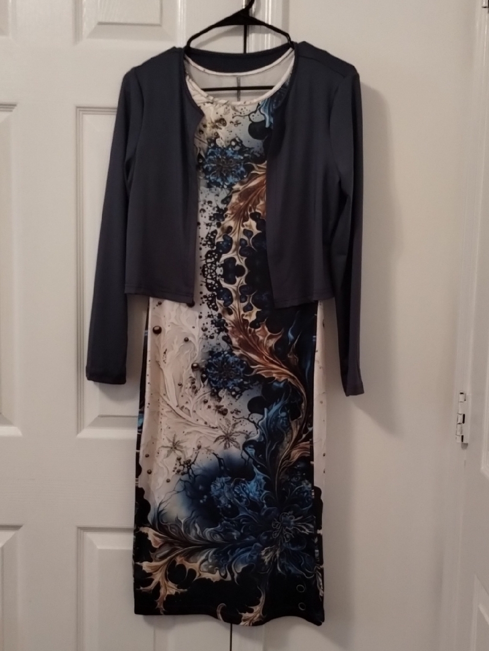 Blue and Cream Floral Midi Dress with Slate Crop Jacket